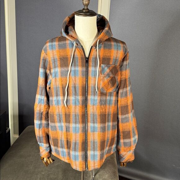 Men’s Plaid Flannel Brown Blue Full Zip Hooded Jacket Fleece Lined Size L NEW - Picture 2 of 14